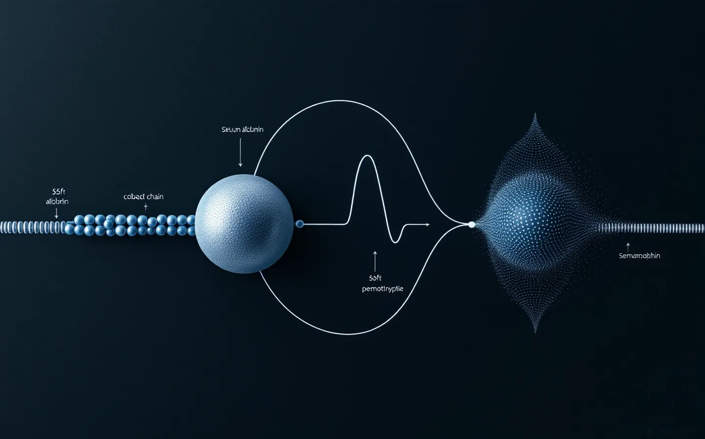 Engraved cobalt schematic of a long GHRH-analogue chain and a short peptide converging on a single pituitary node with a rising pulse, on slate